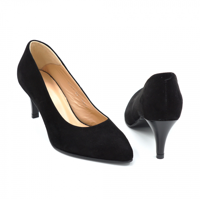 Pantofi dama din piele naturala intoarsa neagra cu varf ascutit stiletto si toc mic subtire 5 cm 6057-8-25 [5]