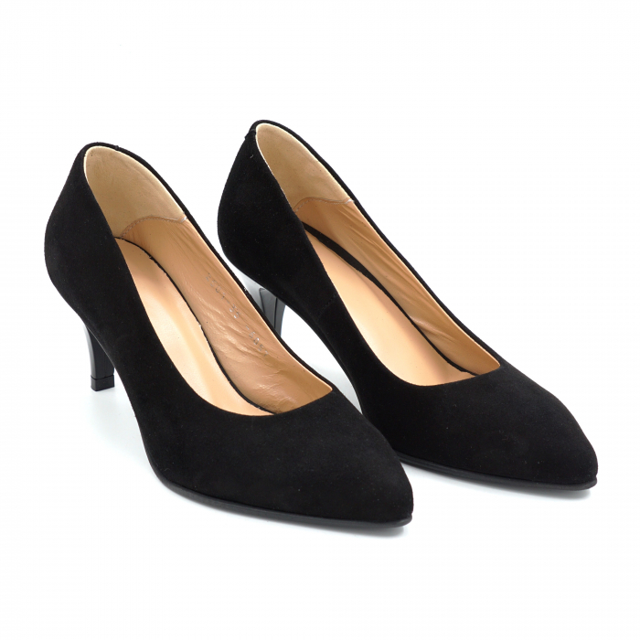 Pantofi dama din piele naturala intoarsa neagra cu varf ascutit stiletto si toc mic subtire 5 cm 6057-8-25 [3]