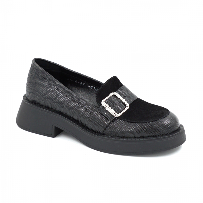 Pantofi dama casual loafers din piele naturala neagra cu varf rotund si talpa de 3 cm 51425-25 [2]