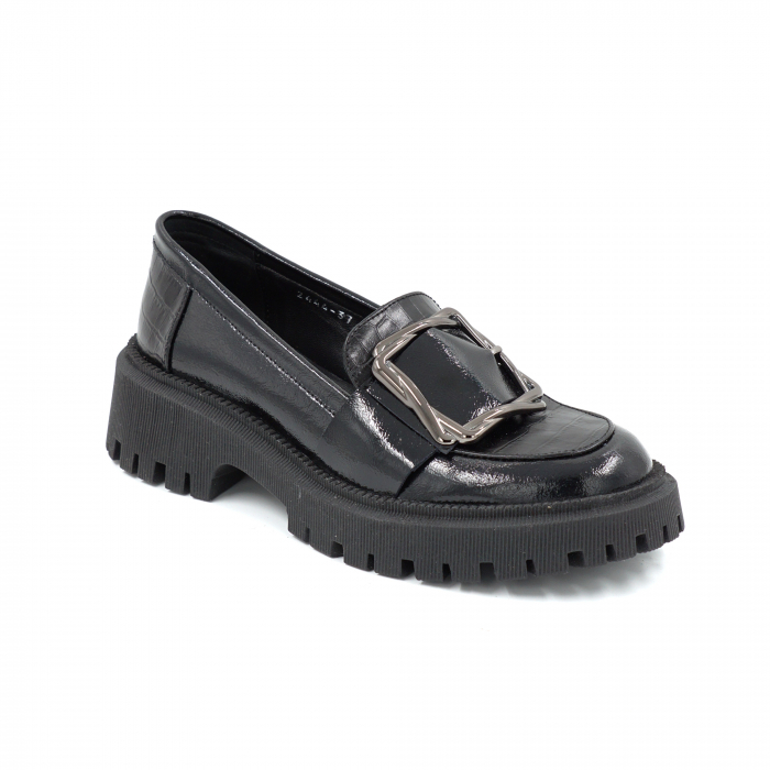Pantofi dama casual loafers din piele naturala lacuita negagra cu varf rotund si talpa de 4 cm 52025-25 [2]