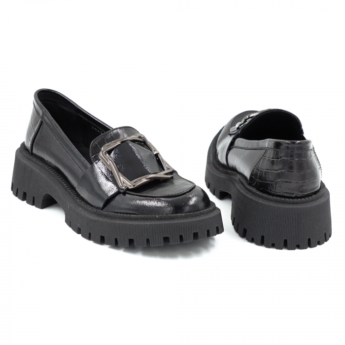 Pantofi dama casual loafers din piele naturala lacuita negagra cu varf rotund si talpa de 4 cm 52025-25 [5]