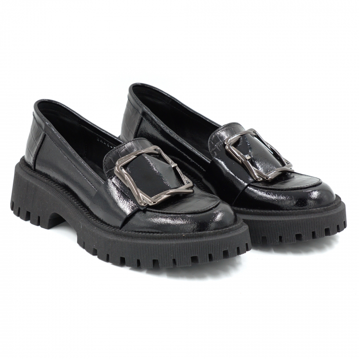 Pantofi dama casual loafers din piele naturala lacuita negagra cu varf rotund si talpa de 4 cm 52025-25 [3]