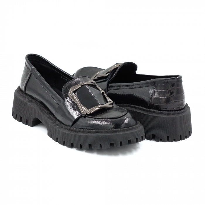 Pantofi dama casual loafers din piele naturala lacuita negagra cu varf rotund si talpa de 4 cm 52025-25 [4]