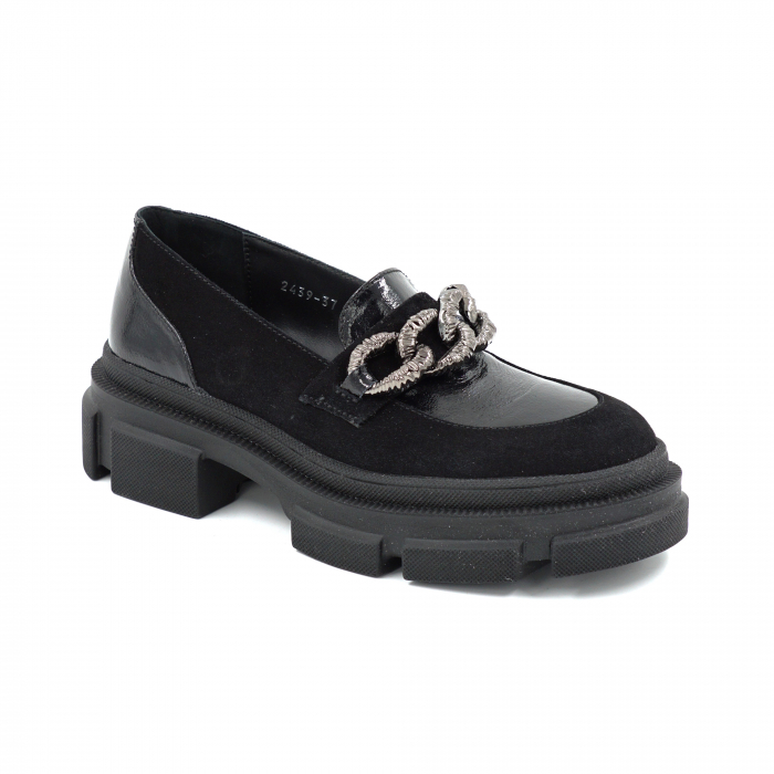 Pantofi dama casual loafers din piele naturala neagra cu varf rotund si talpa de 4 cm 63520-25 [2]