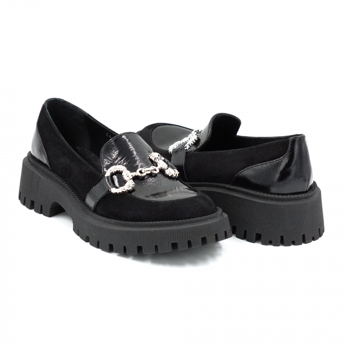 Pantofi dama casual loafers din piele naturala neagra cu varf rotund si talpa de 4 cm 63920-25 [4]