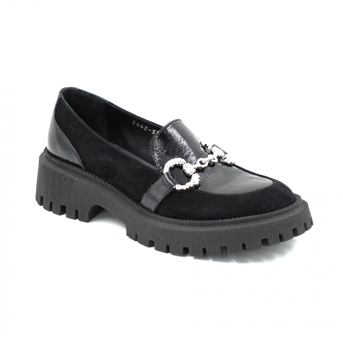 Pantofi dama casual loafers din piele naturala neagra cu varf rotund si talpa de 4 cm 63920-25 [2]