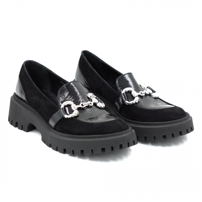 Pantofi dama casual loafers din piele naturala neagra cu varf rotund si talpa de 4 cm 63920-25 [3]
