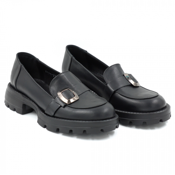Pantofi dama casual loafers din piele naturala neagra cu varf rotund si talpa de 4 cm 51125-25 [3]