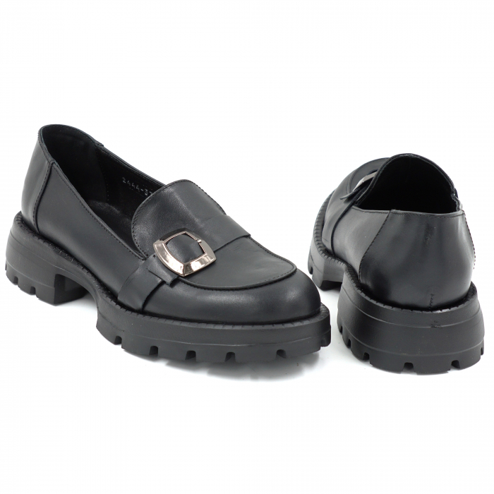 Pantofi dama casual loafers din piele naturala neagra cu varf rotund si talpa de 4 cm 51125-25 [5]