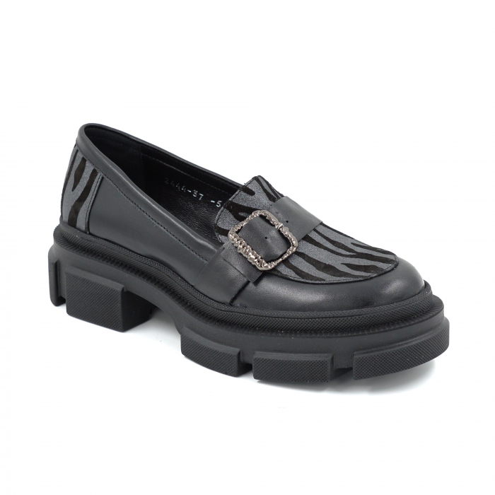 Pantofi dama casual loafers din piele naturala neagra si cu imprimeu zebra nerguc cu argintiu cu varf rotund si talpa de 4 cm 51325-25 [2]