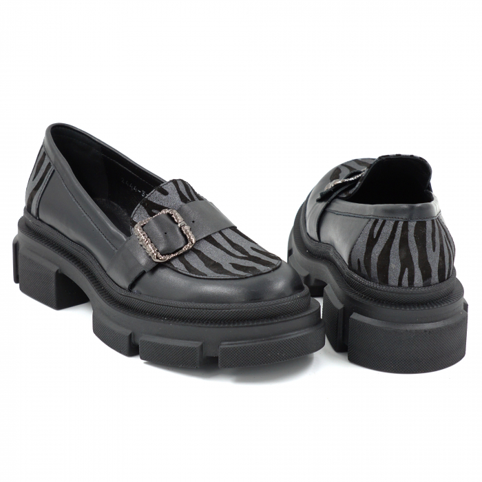 Pantofi dama casual loafers din piele naturala neagra si cu imprimeu zebra nerguc cu argintiu cu varf rotund si talpa de 4 cm 51325-25 [5]