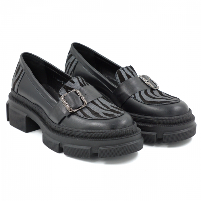 Pantofi dama casual loafers din piele naturala neagra si cu imprimeu zebra nerguc cu argintiu cu varf rotund si talpa de 4 cm 51325-25 [3]