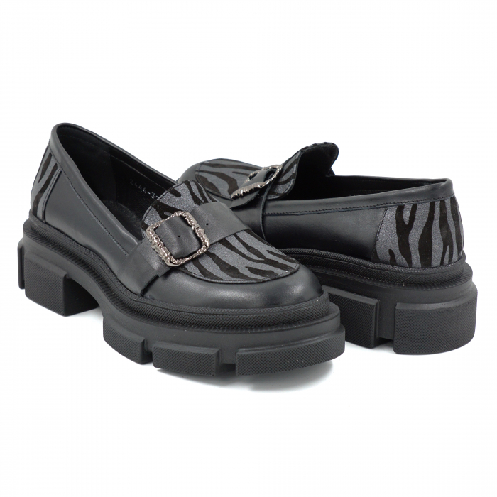 Pantofi dama casual loafers din piele naturala neagra si cu imprimeu zebra nerguc cu argintiu cu varf rotund si talpa de 4 cm 51325-25 [4]
