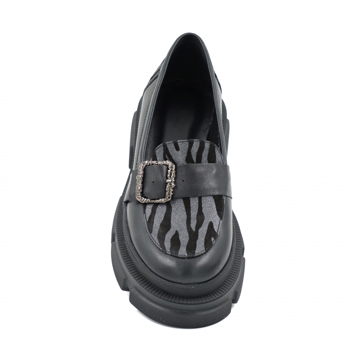 Pantofi dama casual loafers din piele naturala neagra si cu imprimeu zebra nerguc cu argintiu cu varf rotund si talpa de 4 cm 51325-25 [6]