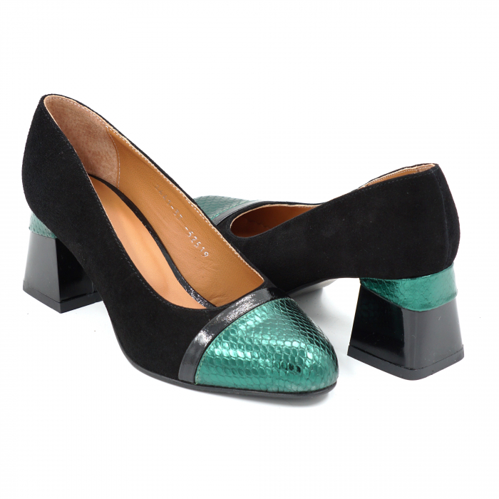 Pantofi dama din piele naturala intoarsa neagra si cu imprimeu sarpe verde metalizat cu varf rotund si toc mic gros de 6 cm 52519-25 [4]