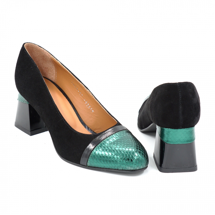Pantofi dama din piele naturala intoarsa neagra si cu imprimeu sarpe verde metalizat cu varf rotund si toc mic gros de 6 cm 52519-25 [5]