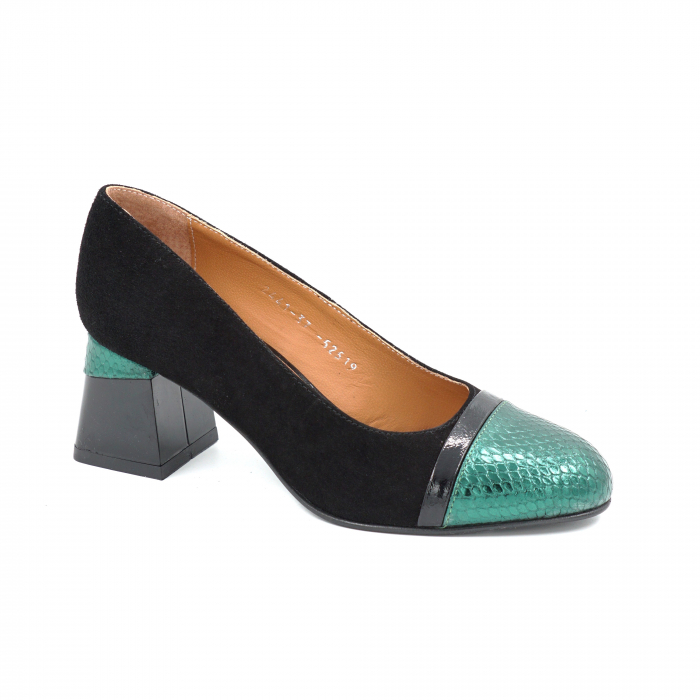Pantofi dama din piele naturala intoarsa neagra si cu imprimeu sarpe verde metalizat cu varf rotund si toc mic gros de 6 cm 52519-25 [2]