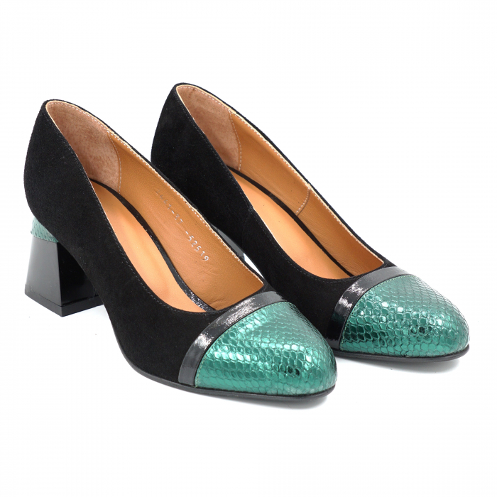 Pantofi dama din piele naturala intoarsa neagra si cu imprimeu sarpe verde metalizat cu varf rotund si toc mic gros de 6 cm 52519-25 [3]