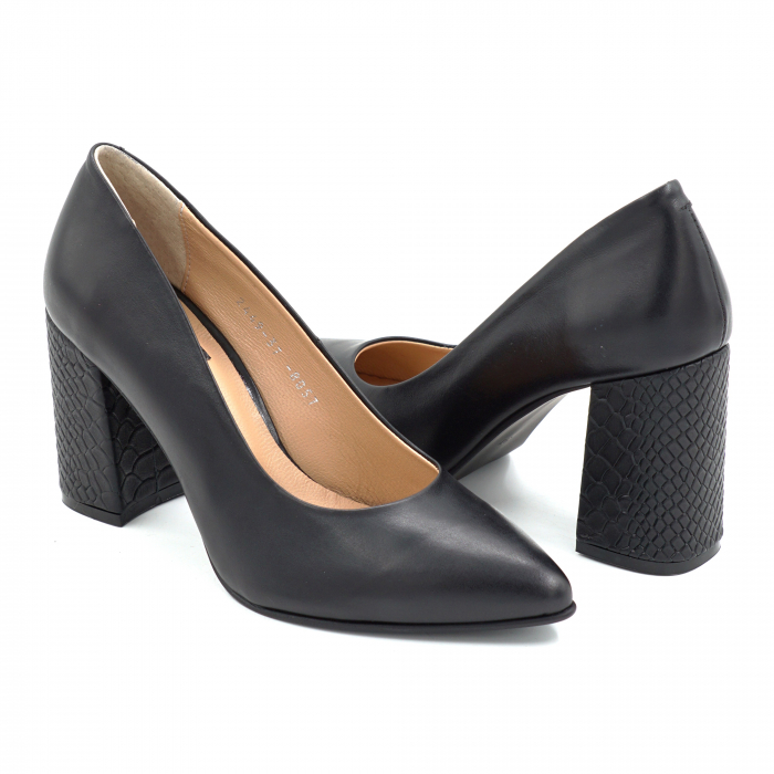 Pantofi dama din piele naturala neagra cu varf ascutit stiletto si toc mediu gros imbracat 8 cm 8057-8-25 [4]