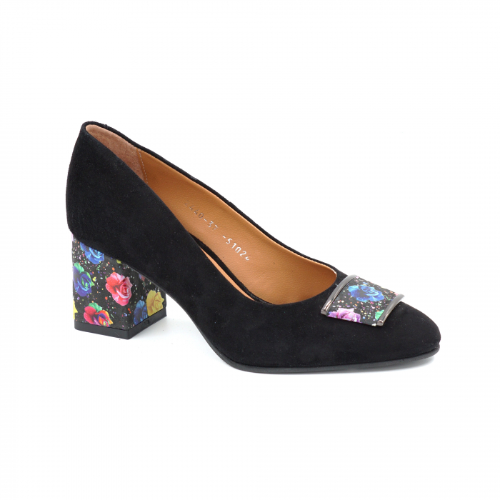 Pantofi dama din piele naturala intoarsa neagra si cu imprimeu floral multicolor cu varf ascutit si toc mic gros imbracat 6 cm 51024-25 [5]