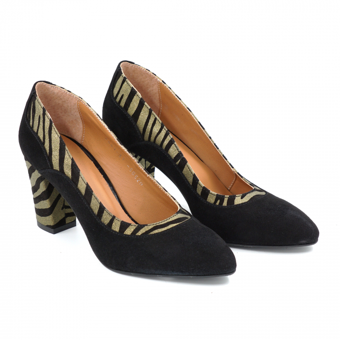 Pantofi dama din piele naturala intoarsa neagra si cu imprimeu zebra auriu cu negru cu varf ascutit si  toc mediu gros imbracat 7 cm 50520-25 [3]