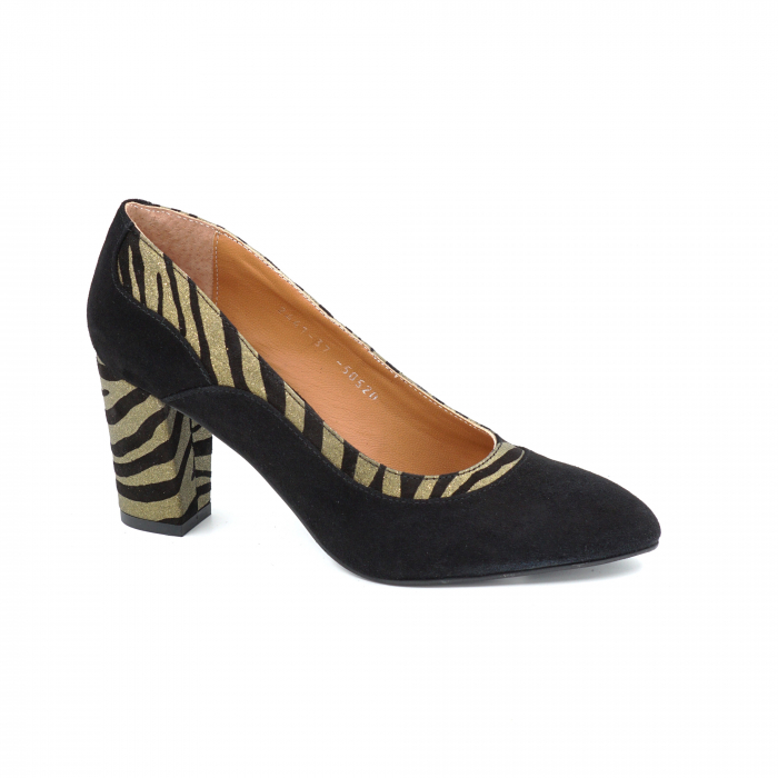 Pantofi dama din piele naturala intoarsa neagra si cu imprimeu zebra auriu cu negru cu varf ascutit si  toc mediu gros imbracat 7 cm 50520-25 [2]