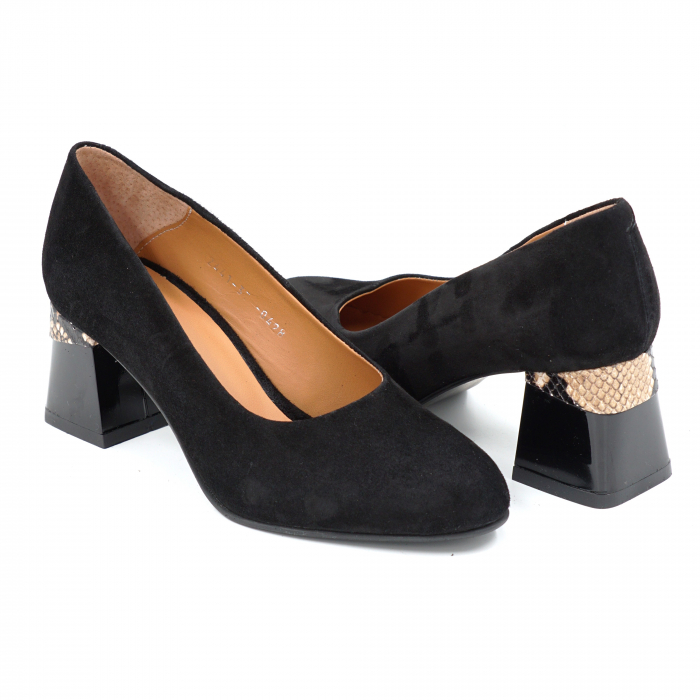 Pantofi dama din piele naturala intoarsa neagra cu  varf rotund si toc mic gros 6 cm  0428-25 [1]