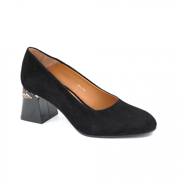 Pantofi dama din piele naturala intoarsa neagra cu  varf rotund si toc mic gros 6 cm  0428-25 [4]