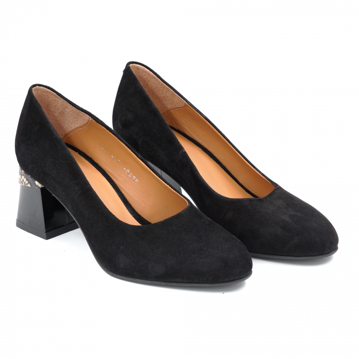 Pantofi dama din piele naturala intoarsa neagra cu  varf rotund si toc mic gros 6 cm  0428-25 [2]