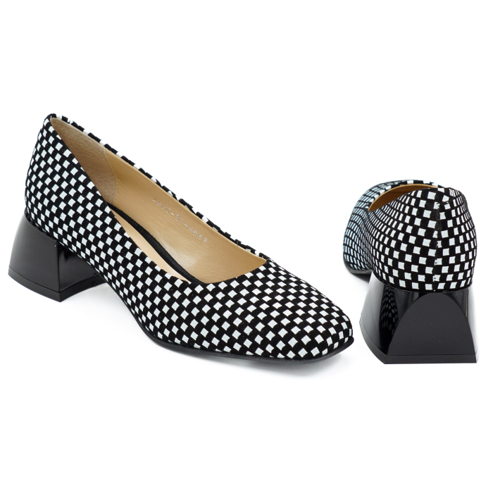 Pantofi dama din piele naturala cu imprimeu negru cu alb, cu varf patrat si toc mic gros de 4 cm 4069-3-26 [5]
