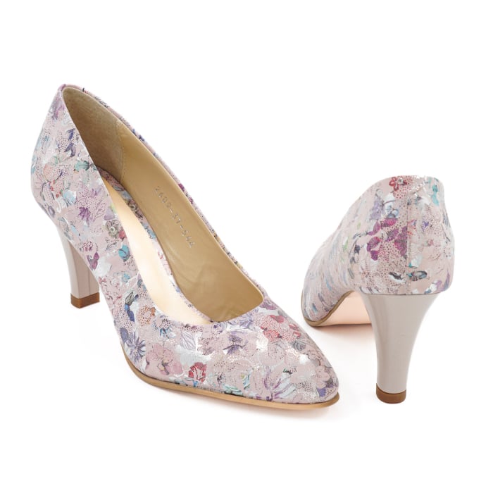 Pantofi dama din piele naturala nude roze cu imprimeu, cu varf ascutit si toc mediu gros de 7 cm 0449-6-26 [5]