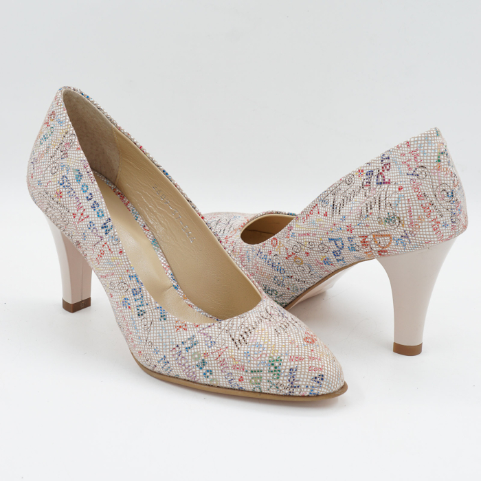 Pantofi dama din piele naturala nude cu imprimeu, cu varf ascutit si toc mediu gros de 7 cm 0449-8-26 [4]