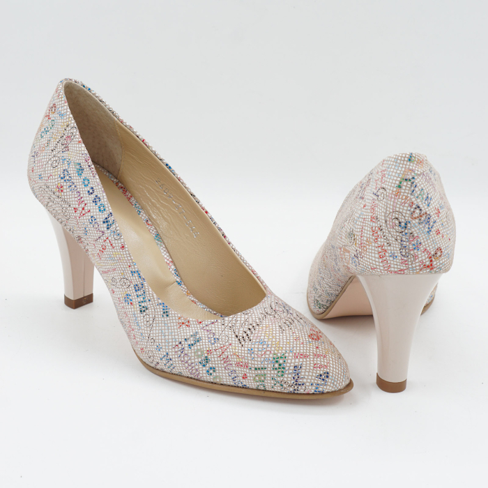 Pantofi dama din piele naturala nude cu imprimeu, cu varf ascutit si toc mediu gros de 7 cm 0449-8-26 [5]