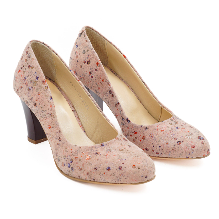 Pantofi dama din piele naturala nude roze cu imprimeu, cu varf rotund si toc mediu subtire 8 cm 8052-3-26 [3]