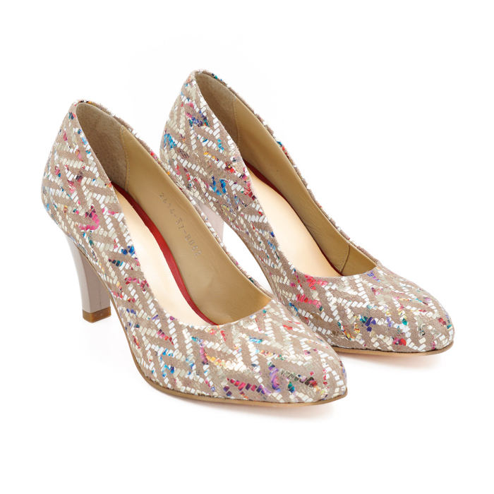 Pantofi dama din piele naturala nude roze cu imprimeu, cu varf rotund si toc mediu subtire 8 cm 8052-4-26 [3]