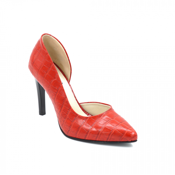 Pantofi dama din piele naturala cu imprimeu croco rosu cu varf ascutit stiletto si toc inalt subtire 9 cm 53024-1-25 [3]