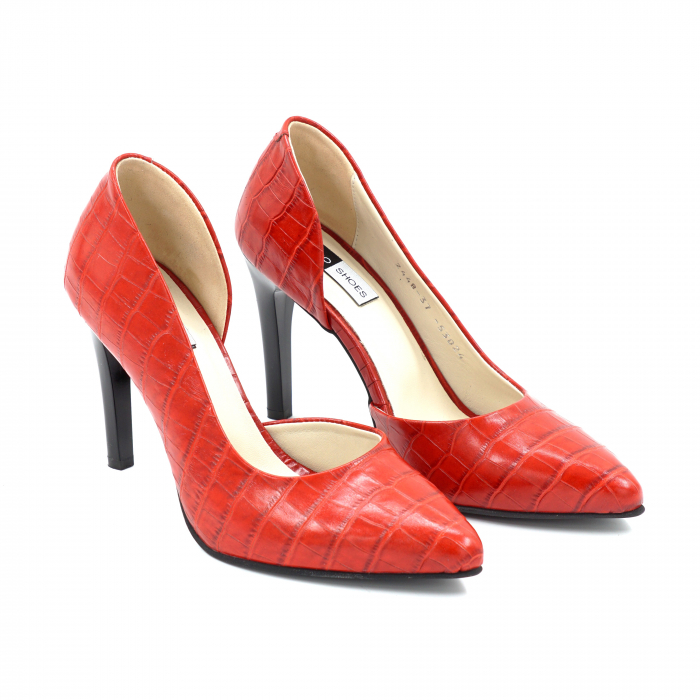 Pantofi dama din piele naturala cu imprimeu croco rosu cu varf ascutit stiletto si toc inalt subtire 9 cm 53024-1-25 [2]