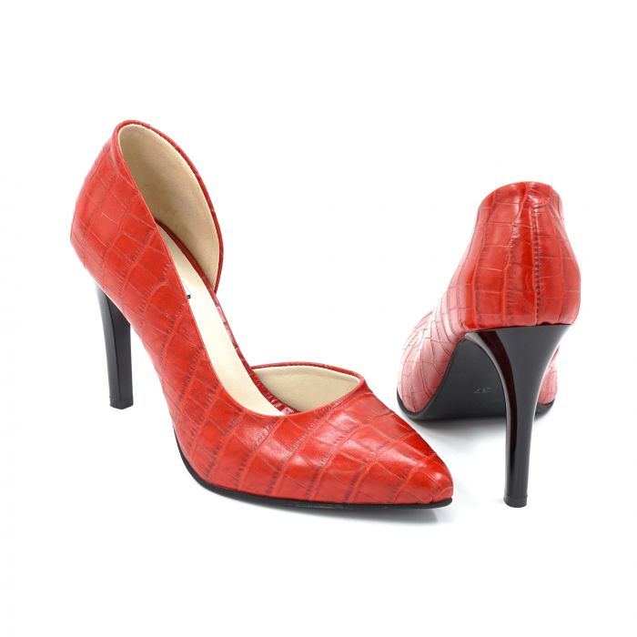 Pantofi dama din piele naturala cu imprimeu croco rosu cu varf ascutit stiletto si toc inalt subtire 9 cm 53024-1-25 [5]