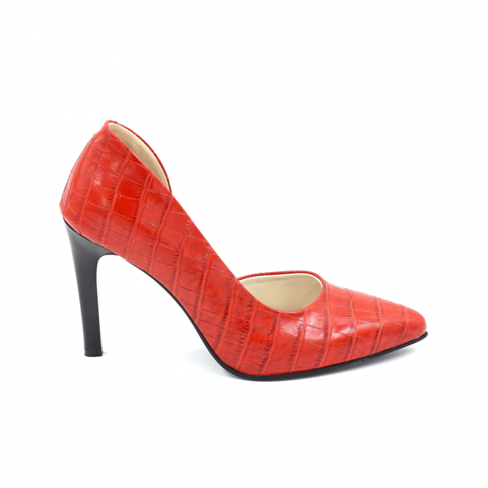Pantofi dama din piele naturala cu imprimeu croco rosu cu varf ascutit stiletto si toc inalt subtire 9 cm 53024-1-25 [4]