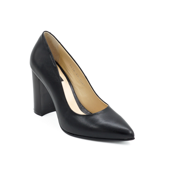 Pantofi dama din piele naturala neagra cu varf ascutit stiletto si toc inalt gros de 9 cm 9557-11-26 [2]
