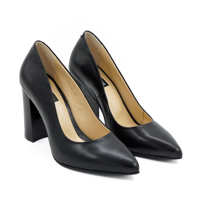 Pantofi dama din piele naturala neagra cu varf ascutit stiletto si toc inalt gros de 9 cm 9557-11-26 [3]