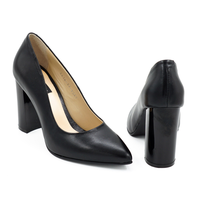 Pantofi dama din piele naturala neagra cu varf ascutit stiletto si toc inalt gros de 9 cm 9557-11-26 [5]