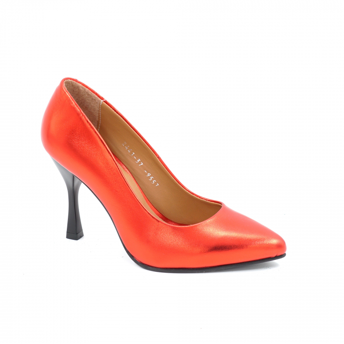 Pantofi dama din piele naturala rosu metalizat cu varf ascutit stileto si  toc inalt subtire 9 cm  9557-7-25 [2]