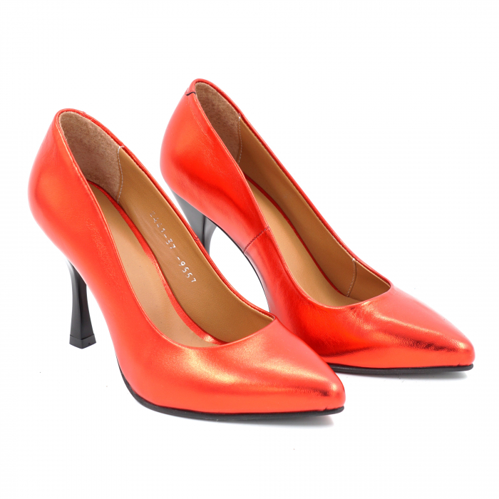 Pantofi dama din piele naturala rosu metalizat cu varf ascutit stileto si  toc inalt subtire 9 cm  9557-7-25 [3]