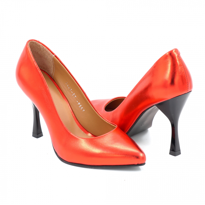 Pantofi dama din piele naturala rosu metalizat cu varf ascutit stileto si  toc inalt subtire 9 cm  9557-7-25 [4]