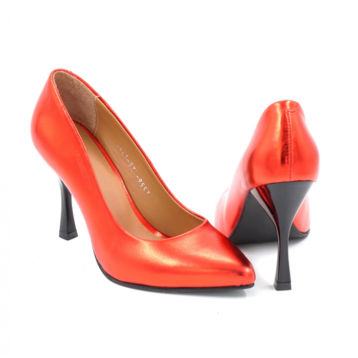 Pantofi dama din piele naturala rosu metalizat cu varf ascutit stileto si  toc inalt subtire 9 cm  9557-7-25 [5]