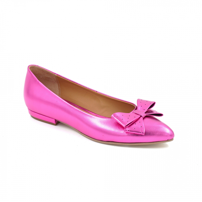 Pantofi dama tip balerini din piele naturala fucsia metalizat cu varf ascutit stiletto si toc de 1 cm 63420-25 [2]