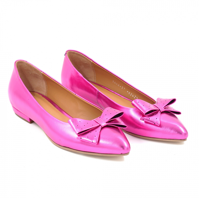 Pantofi dama tip balerini din piele naturala fucsia metalizat cu varf ascutit stiletto si toc de 1 cm 63420-25 [3]