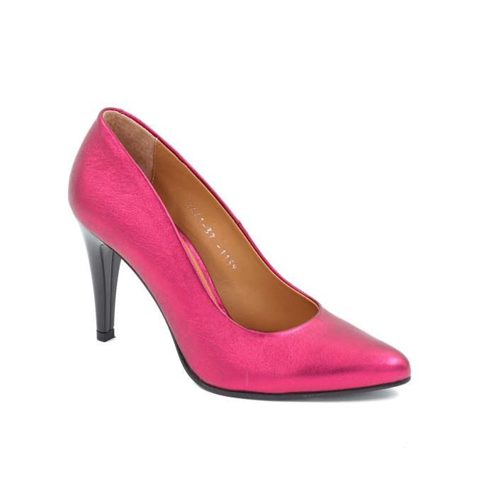 Pantofi dama din piele naturala fucsia metalizata cu varf ascutit stiletto si toc inalt subtire 9 cm 1159-2-25 [2]