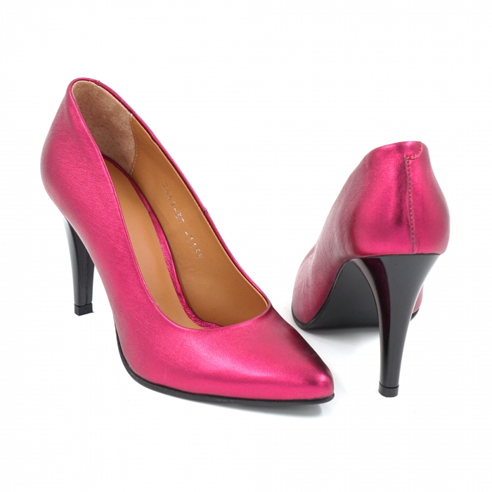 Pantofi dama din piele naturala fucsia metalizata cu varf ascutit stiletto si toc inalt subtire 9 cm 1159-2-25 [5]